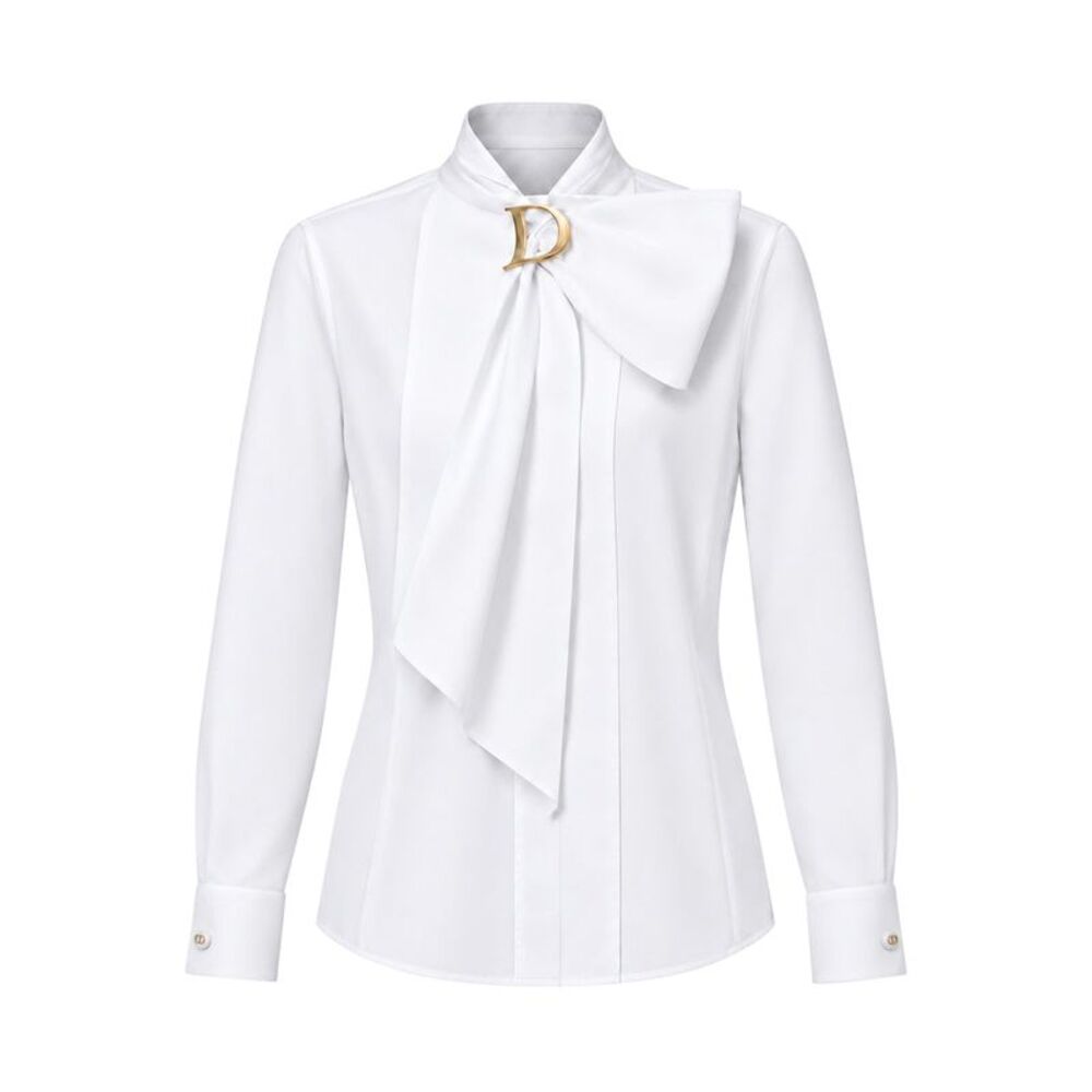 Christian Dior Women Cotton Poplin Blouse With A Bib Front And Tie-Neck Collar
